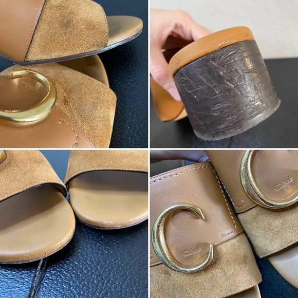 CHLOÉ camel tan C logo embellished leather heeled mules 39 - Picture 14 of 15